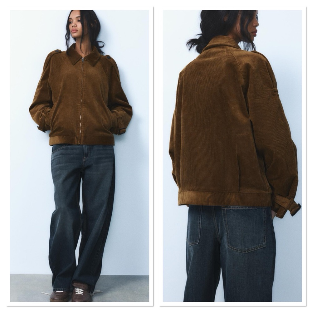 NWT Zara Lapel Collar Tabbed Corduroy Bomber Jacket Sz:L Brown